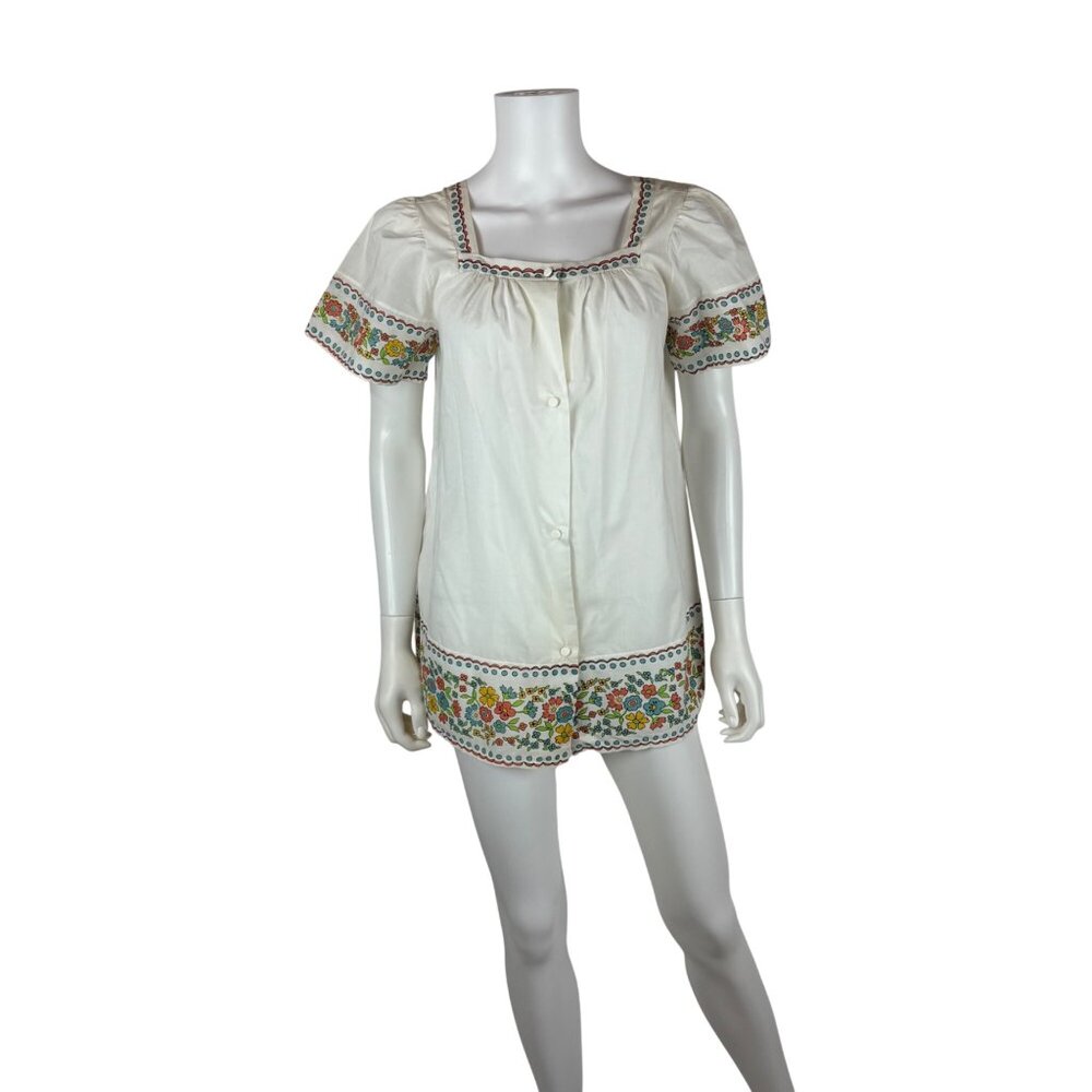 Vintage 70s Boho Blouse Womens Medium Pastel Floral Border Print Prairie Top